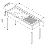 Öztiryakiler Sink Workbench 2 Bowls/1 Drain, 3 Tier Bottom Shelf, 150x70 cm - 1